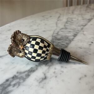 MacKenzie-Childs Owl Checkered Ceramic Bottle Stopper Black White Gold